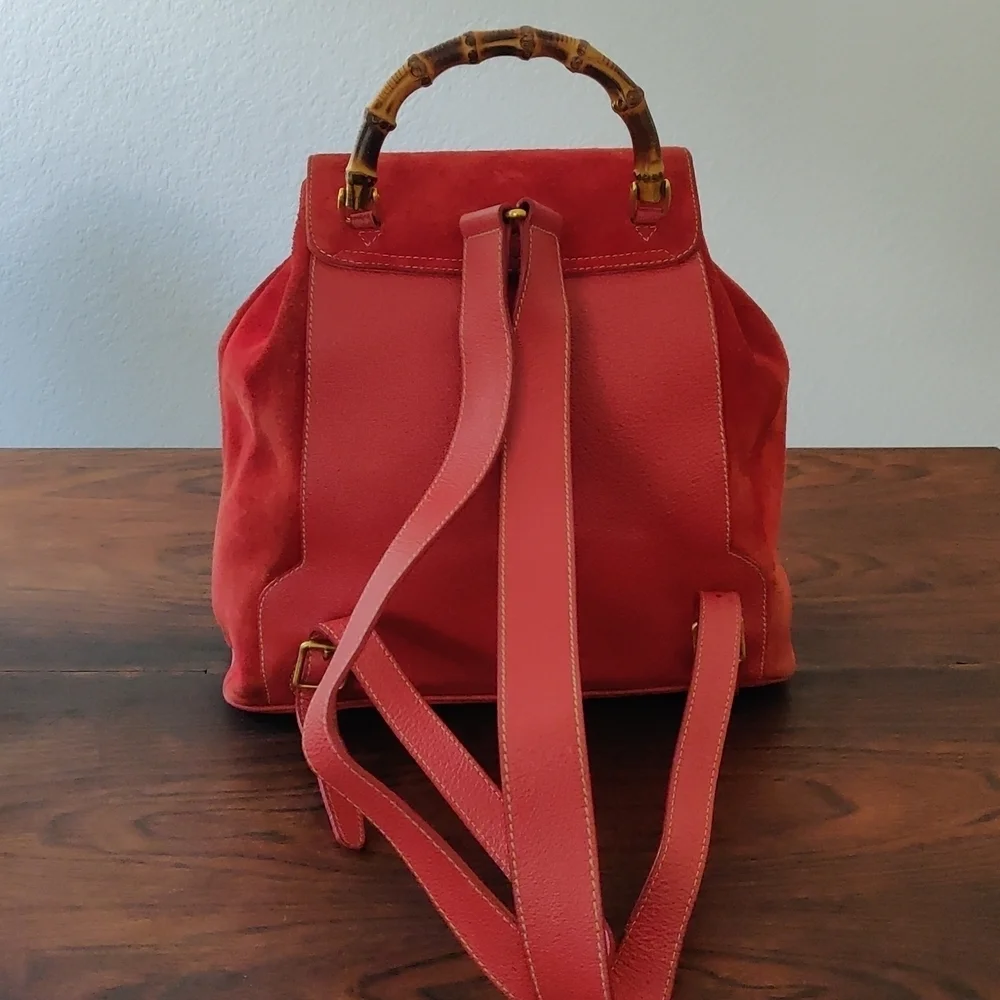 Red Suede Gucci Backpack Vintage Bamboo - Picture 6 of 17